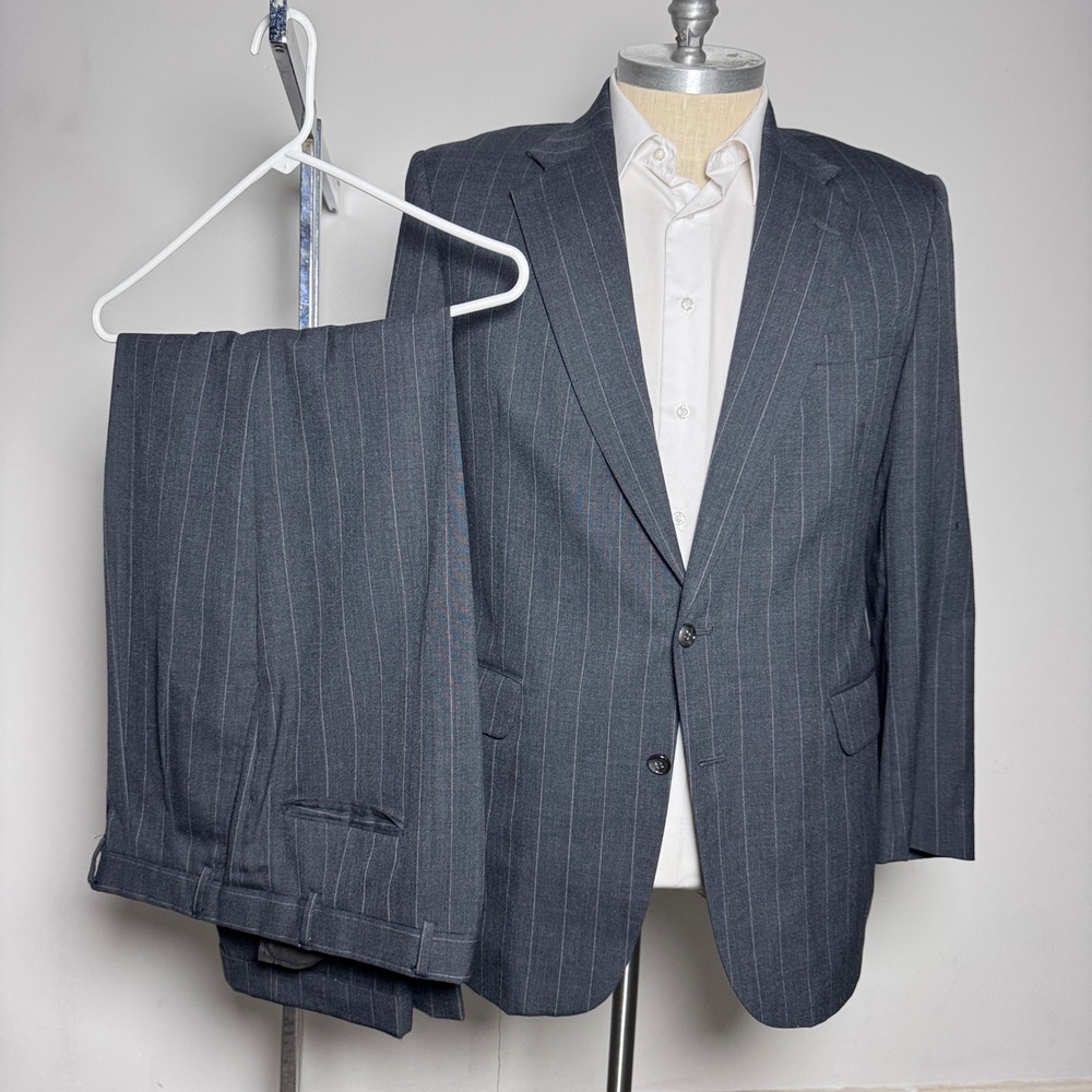 Brassard Suit Mens 44L 36x31 Grey Pinstripe Wool 2-Button Vintage Made in USA